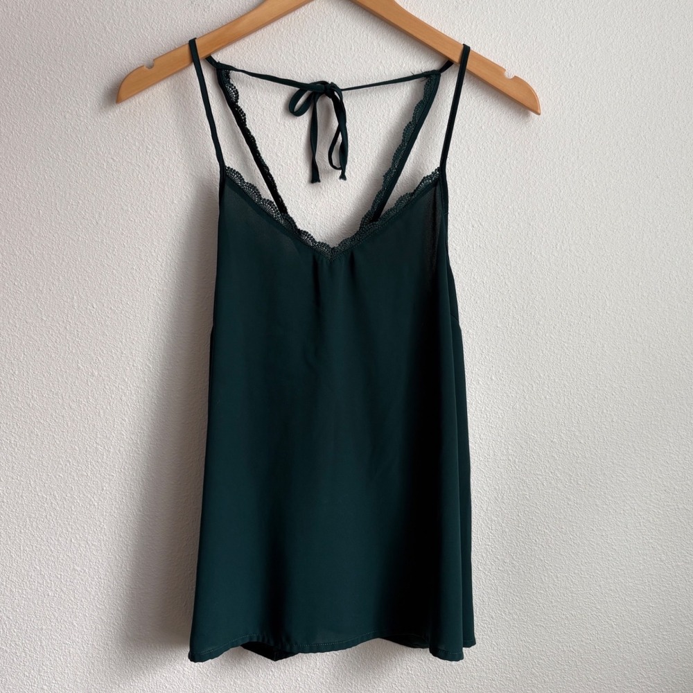 Octavia Dark Emerald Green Lace Trim Cami Blouse Halter Tie Back Medium